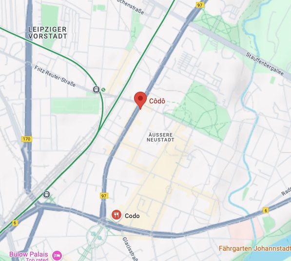 Kartenausschnitt der Dresdner Neustadt mit den CÔDÔ-Standorten
