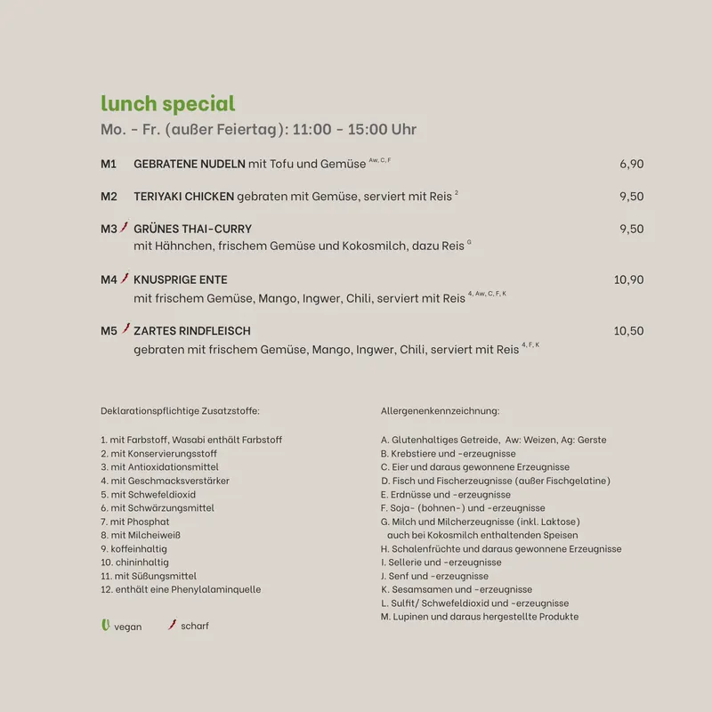 Speisekarte CÔDÔ Albertplatz, Seite 3: Lunch Special (Mo.–Fr. 11–15 Uhr), Zusatzstoffe und Allergene