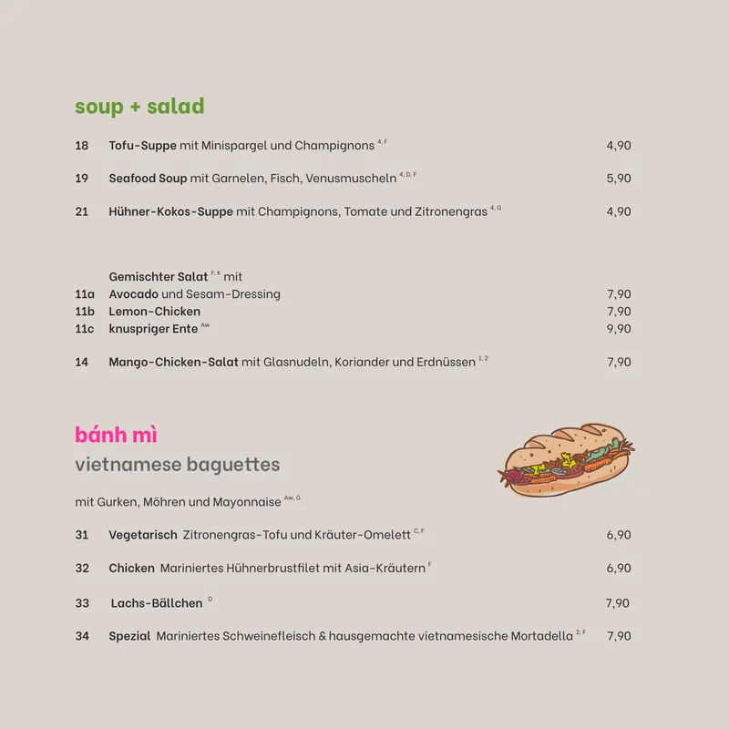 Speisekarte CÔDÔ Albertplatz, Seite 4: Suppen und Salate, Bánh mì