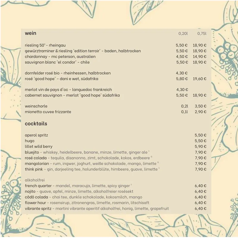 Speisekarte CÔDÔ Schauburg, Seite 14: Wein, Weinschorle, Cocktails, alkoholfreie Cocktails